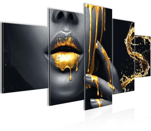 Runa Art Wandbilder Lippen Gold Schwarz 5 Teilig Bild auf Vlies Leinwand Deko Wohnzimmer Schlafzimmer Kosmetik Fashion Frau 041552a