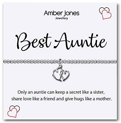 Amber Jones Best Auntie Bracelet For Women – Bracelet for Best Aunt Ever, Birthday Gifts for Auntie from Nephew or Niece – Best Auntie in the World – Amazing Auntie – Elegant Pouch, Silver