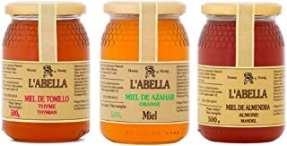 L'Abella Mel - Lot de 3 Pots de 500 g de Miel d'Amandier, de Fleur d'Oranger et de Thym - 100% Naturel | Miel Pure Récoltée Artisanalement dans la Vallée de Jalón - 1500 g