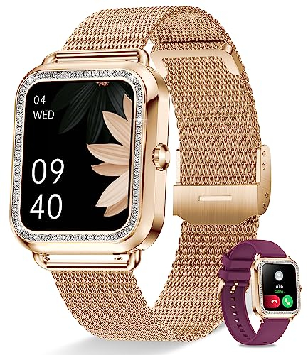 Erkwei Smartwatch Damen mit Telefonfunktion und Sprachassistent, 1.59'' HD Display Fitnessuhr Schrittzähler Pulsuhr Schlafmonitor Nachricht Erinnerung Klein Armbanduhr für iOS Android