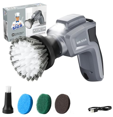 MR.SIGA Electric Spin Scrubber for Kitchen and Bathroom Cleaning, Waterproof Rechargeable Cordless Spin Scrubber with 5 Replaceable Cleaning Brushes and Pads