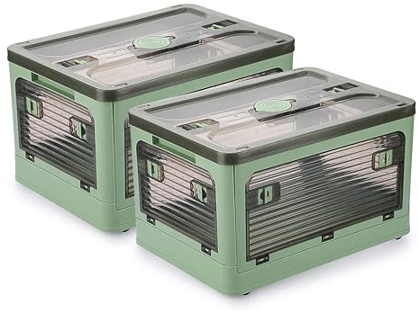 Aimondow 2 Pack Plastic 4 Doors Collapsible Storage Bins with Lid & Wheels, 36 Liters Folding Storage Bins, Stackable Multifunctional Box for Camping Clothes Snack Storage