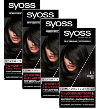Syoss Color Coloration 1_1 Schwarz Stufe 3 (4 x 115 ml), permanente Haarfarbe für bis zu 10 Wochen Farbintensität und 80% weniger Haarbruch*