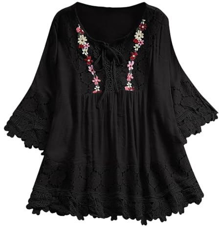 Tunique Fluide Femme Grande Taille Chemise Chic Et Elegant Tunique Boheme 2024 Ete Tee Shirt Manche 3/4 Femmes Casual Tops Chemise Lin Femme Chemisier Femme Dentelle