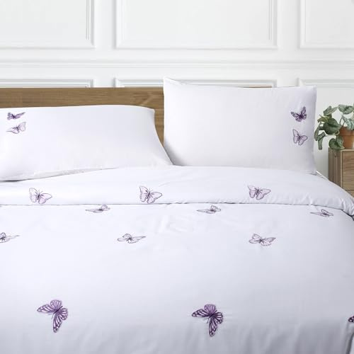 Butterfly Duvet Cover Single Embroidered Purple White Girls Bedding Set | Elegant Duvet Sets Luxury Textured Poly Cotton Pretty for Girls Bedroom Dorm 2 Pieces Lavender French Country Cottage 135x200