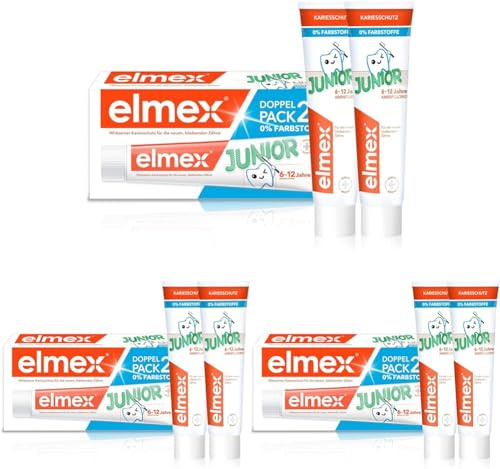 elmex Zahnpasta Junior 6-12 Jahre 2x75ml – medizinische Zahnreinigung mit 1400 ppm Fluoridgehalt für hochwirksamen Kariesschutz – stärkt die neuen, bleibenden Zähne (Packung mit 3)