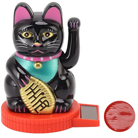 Cyrank Brazo Que Agita del Gato De La Suerte, Gato Que Agita con Energía Solar Maneki Neko Japonés Gato De La Fortuna Solar con La Mano Que Agita La Pata hacia Arriba para La Decoración (Negro)
