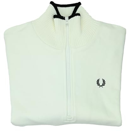 Fred Perry Womens Ladies G5141 Branded Knitted Trim Part Zip Funnel Neck Sweatshirt Jumper 100% Cotton Size 10 in Snow White
