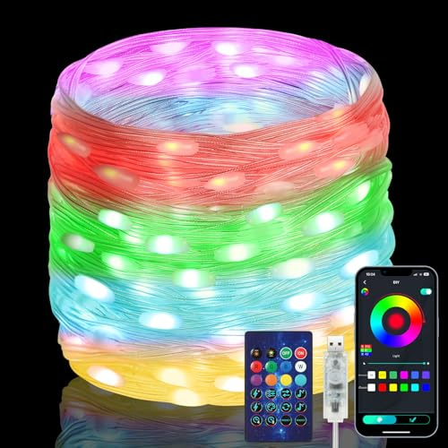 HOTUT Lichterkette RGB Smart IC, 20M Bunt Lichterkette Außen mit Fernbedienung & App Steuerung, Musik Sync, Timer, 99+ Modi, wasserdicht Lichtschlauch, Smart Fairy Lichterkette für Dekoration