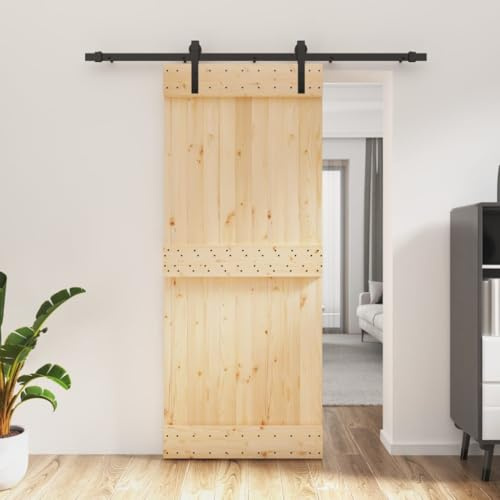 Gecheer Porta Scorrevole del Granaio, in Legno di Pino, Nero e Naturale, 85x210 cm, Binario 183 cm