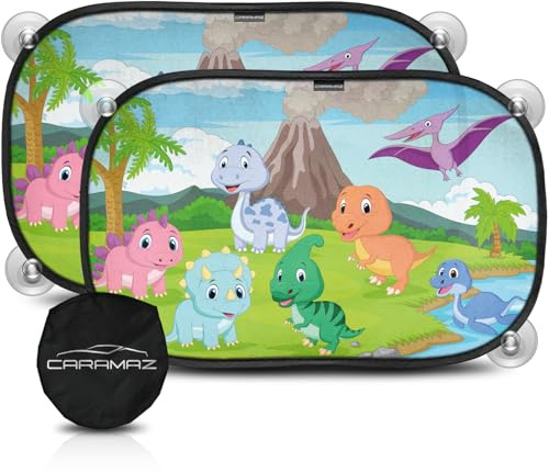 Parasoles para ventana de coche para bebé con protección UV certificada, oscuridad óptima con ventosas, tamaño universal, 51 x 31 cm, diseño de dinosaurio, paquete de 2