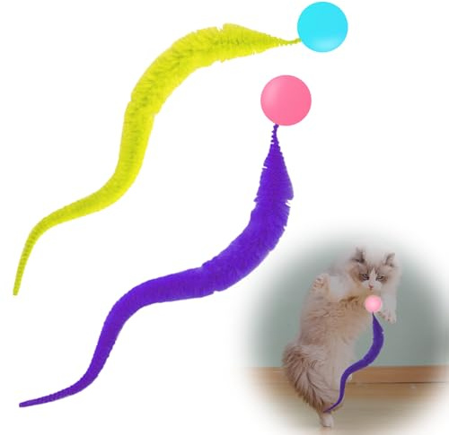 KAHOUI 2 Piezas Pelota Interactiva para Gatos, Juguete Interactivo en Poliéster, Mini Pelota Gato con Cola de Oruga, Juguetes Gato de Colores Sólidos para el Hogar Tienda de Mascotas