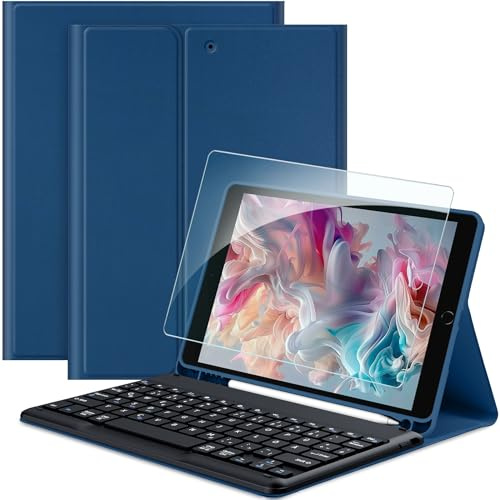 EasyAcc Hülle mit Tastatur für iPad 10.2 Zoll 9. / 8. Und 7 Generation | Hülle mit Stifthalter Und Schutzfolie, QWERTZ Tastatur Magnetische Kabellose Bluetooth Abnehmbare, Meerblau