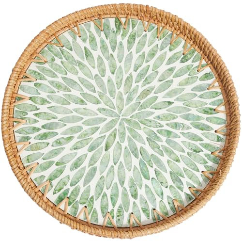 CREATCABIN Vassoio Rotondo in Rattan Vassoio Portata in Rattan Intrecciato Base in Legno Cestino Intrecciato A Mano Cestino Decorativo in Vimini Vassoio Organizer Decorazioni Tavola 30x30x2.8cm