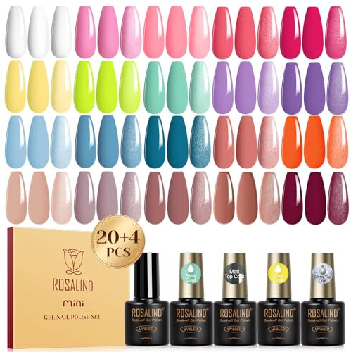 ROSALIND Vernis Semi Permanent 24PCS, Jaune Rose Bleu Violet Blanc Marron Couleurs Vernis Gel Semi Permanent, Mini Soak-off UV/LED Vernis à Ongles Semi-permanent Manucure Kit