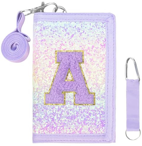 SiorVeol Girls Wallet for Kids Initial Glitter Wallets Trifold with Zipper and Card Slots Including Neck Lanyard and Hanging Strap, Pink Purple, A