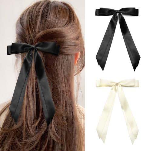 ZOUIQSS 2 Stück Satin-Haarschleifenclips, Haarband-Pferdeschwanzhalter mit langer Quaste, Haarspangen mit Metallclips und Schleife für Frauen und Mädchen(Black+Beige)