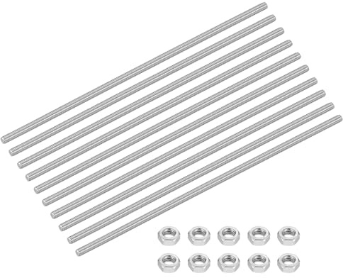 sourcing map 10Set M6-1.0x200mm Fully Threaded Rods, Threaded Rods Bar Studs with Nuts, 304 Stainless Steel Long Thread Screws Hardware for U-Bolts, Anchors, Clamps, Hangers, Silver