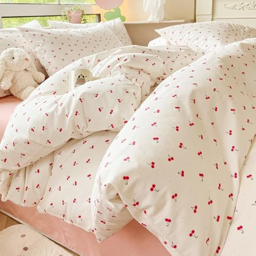 Covebett Housse de Couette 240x260 Blanc et Rouge Cerise Kawaii Parure de Lit Adulte 2 Personnes Mignon Microfibre Linge de lit Ensemble Literie avec Fermeture éclair et 2X 65x65cm Taie d'oreiller