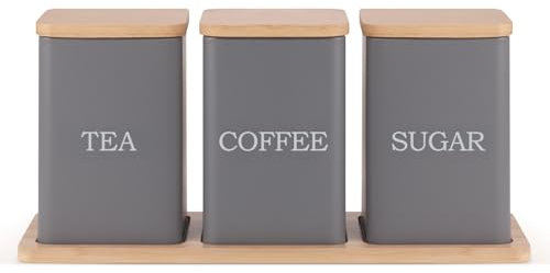 Ehc Tea, Coffee, Sugar, Canister Set, Storage Canister Set with Tray - Easy to Open Airtight Lids - Storage Tea, Sugar, & Coffee - Set of 3 Canisters, Grey