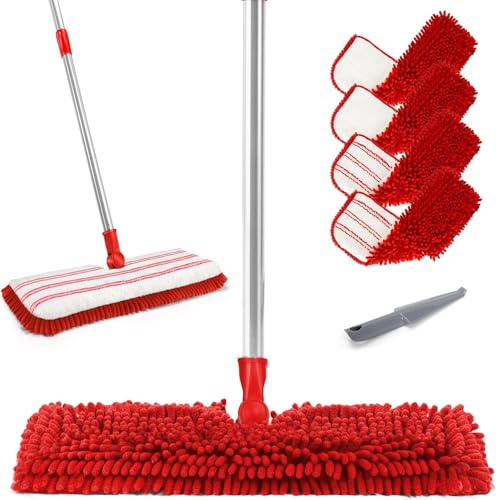 Myiosus Set di lavapavimenti con manico regolabile da 127 cm, mocio piatto con 4 panni lavabili in ciniglia, pavimenti in legno duro, pavimenti piastrellati, laminato, inviare 1 raschietto, rosso