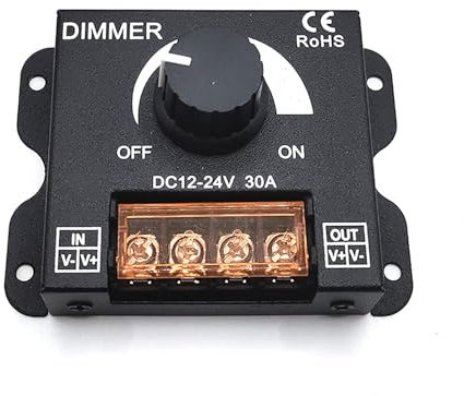 Leloco LED-Lichtstreifen-Dimmer, DC12V/24V PWM (Stufenloses Dimmen), Helligkeitsregler mit Drehknopf für Einfarbige LED-Leisten, Metallgehäuse