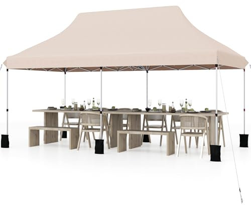 GOPLUS Tonnelle Pliante 3x6m Imperméable, Tonnelle Barnum Pliante 3x6 de Jardin Exterieur, Sac de Transport, Sac Lesté, Pavillon de Jardin Pop-Up pour Fête, Mariage (Beige|sans Bâche)