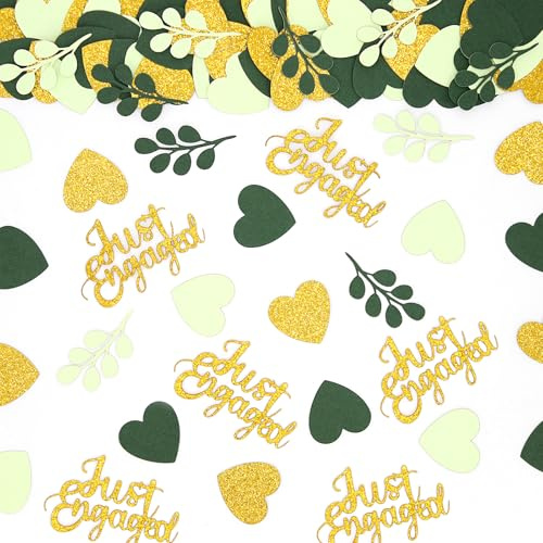 Vofrise 200PC Greenery Engagement Party Decorations Sage Green and Gold Heart Engagement Confetti Just Engaged Table Scatters for Nature Wedding Bridal Shower Bachelorette Party Decor Supplies