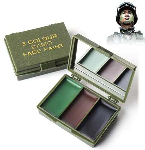 Three Color Kit de maquillage de camouflage, 3 couleurs, avec miroir, pour le visage, camouflage crème, noir, olive, marron, OTAN, approuvé par l'OTAN, caméléon, pour la survie, l'armée militaire