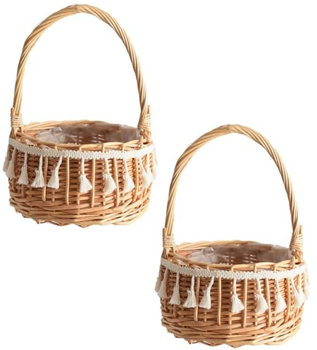 2 Stück Korb für Kinder Hochzeit, Handgeflochtene Blumenkörbe, Kleiner Weidenkorb Mit Henkel, Picknickkorb mit Einlagen, Prinzessin Korb für Hochzeit, Ostern, Party-Dekoration (S, C)