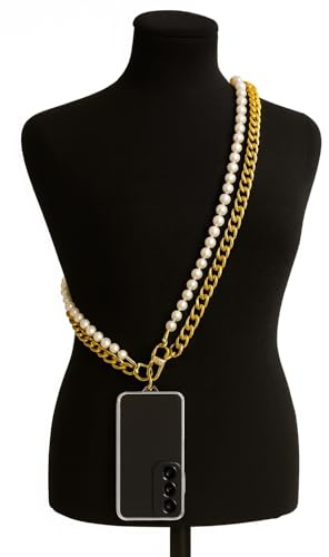 A ANCILE Cordon/chaîne de téléphone [120 cm Tous Téléphones] Perles Blanches et chaine or Mains Libres pour téléphone Portable/Sac avec Adaptateur inclus mains libres universel