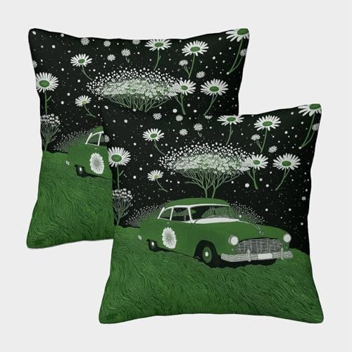 Fundas De Cojines con Auto Juego De 2 Funda De Almohada Auto Tierra Verde Crisantemo Lavable Poliéster Decorativos para Sofá Cama Hogar 40x40cm
