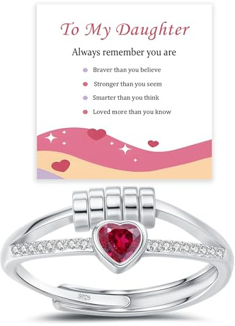 Red Fidget Ring for Daughter, Heart Anxiety Ring for Girls with Cubic Zirconia, Silver Adjustable Rings Sterling Silver Anxiety Rings for Kids, Daughter Christmas Gifts Birthday Gifts for Her