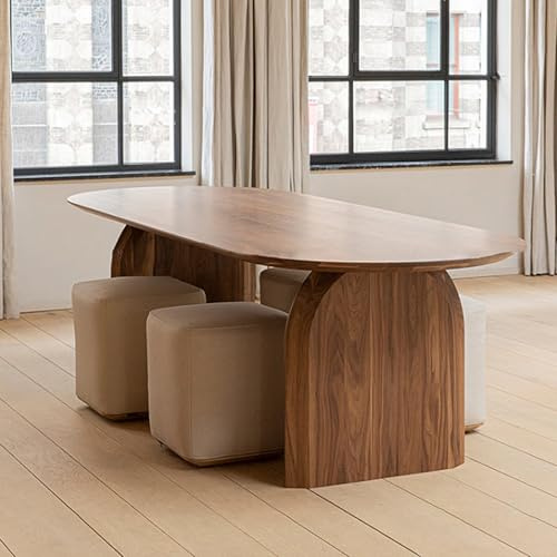 Table de salle à manger ovale en bois massif de 160 x 75 cm pour 6 personnes de hauteur standard Finition noyer Design élégant Parfait pour les réunions de famille et les salles à manger