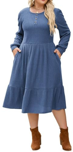 Hanna Nikole Vestido de Punto de Talla Grande para Mujer, Vestido Tipo suéter, Vestido Informal Gris Azulado, Vestido de otoño 2025