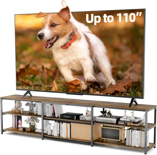 Aquzee 100 Inch TV Stand Cabinet, 249 cm Wide Large TV Unit for 85 - 110 TV, 3-Tier Wood TV Console Table with Open Storage Shelves, Entertainment Units TV Table for Living Room, Brown