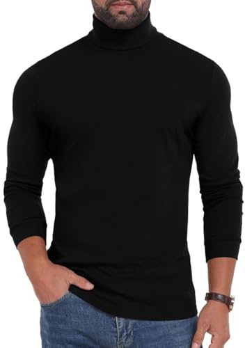 PrinStory Långärmad tröja för män, rund hals, långärmad polotröja, topp, varm, mock turtleneck stickad tröja, svart, M