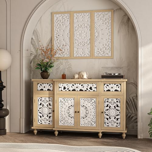PREMTURE Aparador de madera maciza, 150 x 40 x 90 cm, aparador vintage con frentes tallados, cómoda de pasillo y salón con cajones y puertas, marco de madera auténtica, diseño antiguo con asas de