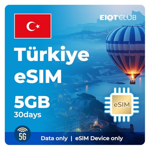 EIOTCLUB Türkei eSIM, 5 GB, 30 Tage, mit 4G/5G-Netzen, nur Daten, Hotspot-Sharing unterstützt, wiederaufladbar, Funktioniert mit eSIM-kompatiblen Geräten