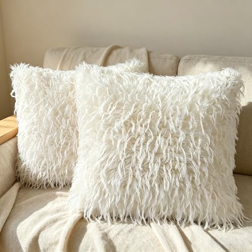 OYIMUA Fluffy Shaggy Cushion Covers 45x45cm Cream White Set of 2 Faux Fur | Decorative Throw Pillow Covers 18x18 Inches for Sofa Bed, Ultra-Soft Square Cushions Mongolian Style