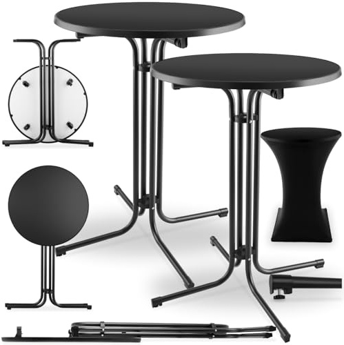 TecTake® Juego de 2 Mesas Altas con Estructura Plegable para Cocina, Comedor y Bar, Incluye Funda Lavable de Poliéster, Tablero de MDF Robusto, Estructura de Acero, Pies Antideslizantes - Negro