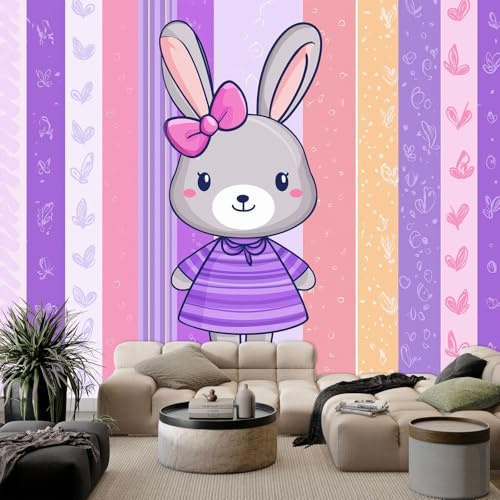 Carta da parati Coniglio dei cartoni animati strisce 300x210 cm Murale Carta da parati Stampa 3D Moderna, Fotomurale Decora per Camera Letto, Soggiorno, Stanza Bambini