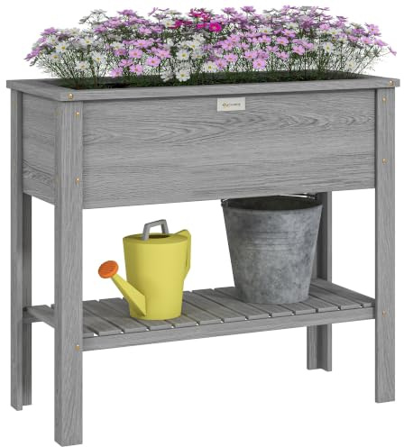 Outsunny Wooden Raised Garden Bed with Storage Shelf, Drainage Holes, Grey | Elevated Planter Box, Extra large, Raised Planter on legs, for Flowers, Vegetables, Herbs