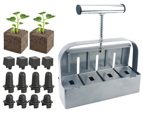 Presse-Motte Manuel pour Semiss, Outil de Jardinage en Acier Inoxydable Robuste pour 4 Blocs de 5,1cm, Poignée Ergonomique Antidérapante, Idéal pour Potager, Serre et Repiquage sans Choc pour Plants
