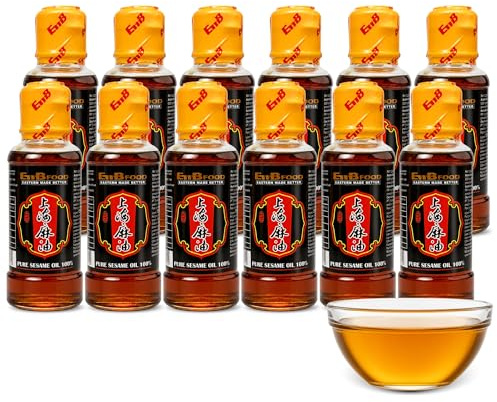 Aceite de Sésamo puro y Natural, Producido en China, ideal para Wok, Ramen, Sushi, noodles, arroces, Verduras y Ensaladas, 100% tostado sésamo, Recipiente de cristal, Contiene 12 botella de 150 ml