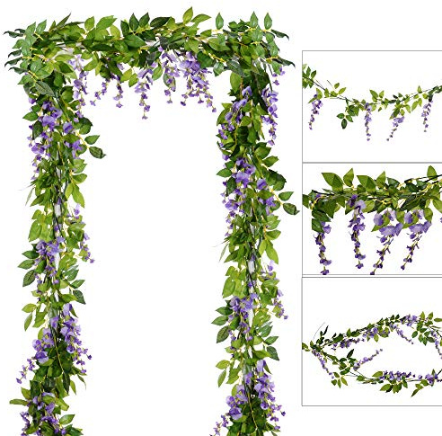 DearHouse 4Pcs 6.6Ft/Piece Artificial Flowers Silk Wisteria Garland Artificial Wisteria Vine Rattan Silk Hanging Flower for Home Garden Outdoor Ceremony Wedding Arch Floral Decor(Light Purple)