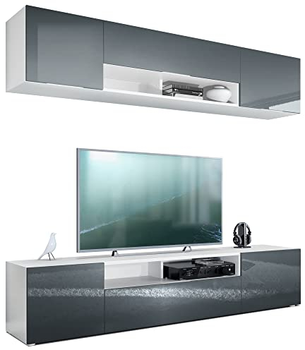 Vladon Wohnwand Mogan, Weiß matt/Grau Hochglanz - Moderne Anbauwand bestehend aus 2 TV-Boards (181 x 147 x 35 cm)