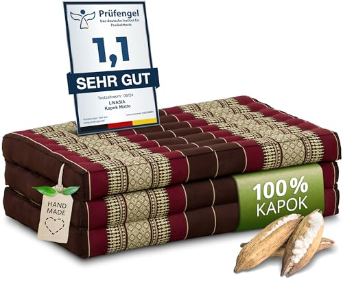 livasia Nachhaltige Matratze aus Kapok - 140x70x8cm - Klappmatratze, Camping Matte faltbar, ökologische Yogamatte klappbar, Liege für Garten und Balkon (Weinrot)