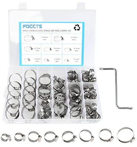 FOCCTS 80 Stück Schlauchschellen Einstellbare Edelstahl Schneckenantrieb Rohrschellen Rohrschlauchbefestigungen Clips Einzelohrschellen Anziehen Teile Sortiment Kit