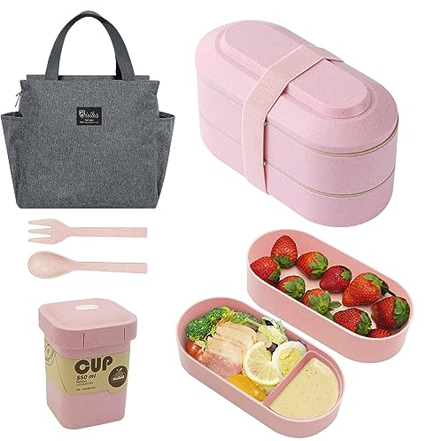 Resszo Lunch Box Kit, 2 Strati Ermetica Porta Pranzo da Ufficio con Posate e Borsa Termica, Bento Box per Picnic Scuola Uffici Adulto Bambini, Microonde Sicuro
